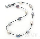 Single Strand 11-12mm White Gray and Black Freshwater Pearl Necklace with Dark Gray Leather