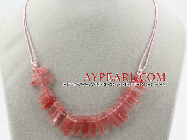 Simple Style Long Teeth Shape Chreey Quartz Necklace with Pink Thread