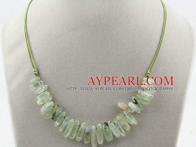 Simple Style Long Teeth Shape Green Rutilated Quartz Necklace with Green Thread