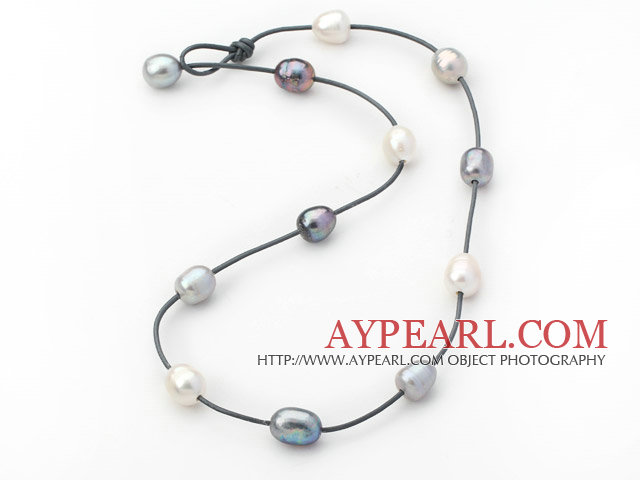 Single Strand 11-12mm Weiß Grau und Schwarz Süßwasser Perlenkette mit dunkelgrauem Leder