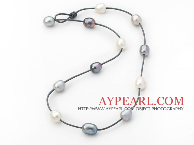 Single Strand 11-12mm White Gray and Black Freshwater Pearl Necklace with Dark Gray Leather