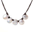 Trendy Simple Style Natural White Button Pearl Pendant Necklace with Brown Leather