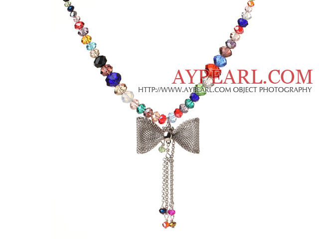 New Lovely Design Fasettert Multi Color Menneskeskapt krystall anheng halskjede med Cute Bow anheng