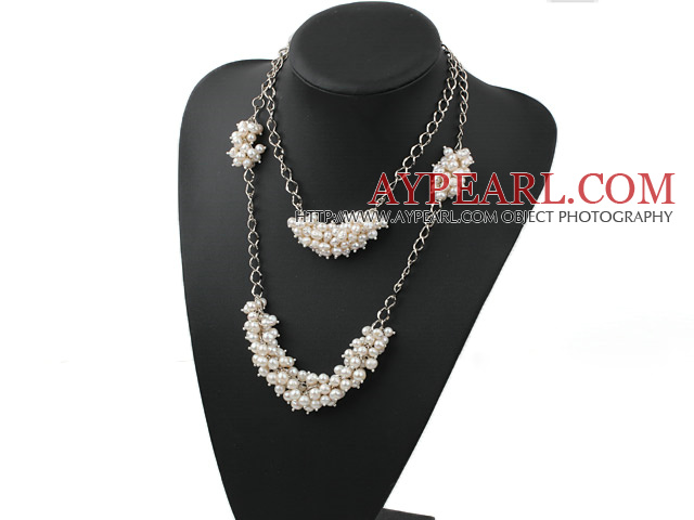 Two Layer Natural White Freshwater Pearl Necklace with Metal Chain