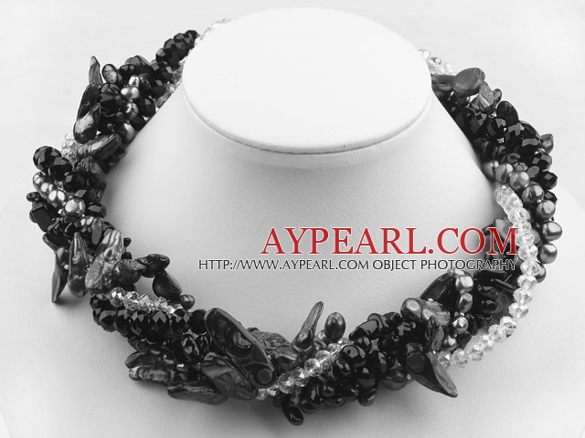 Ассорти из нескольких нитей черного формы зубов Pearl Хрусталь и черный агат ожерелье