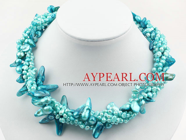 Assorted Multi Strands Lake Blue Teeth Shape Pearl Necklace