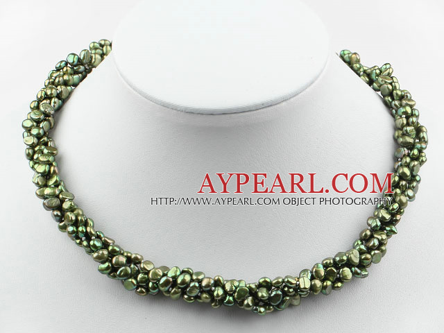 3-4mm Olive Green Freshwater Pearl Twistted Necklace