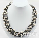 Multi Strands White Freshwater Pearl and Black Glass Beads Necklace