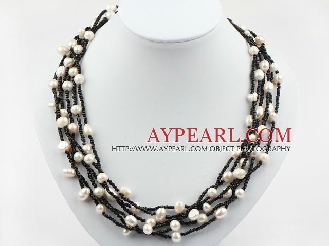 Multi Strands White Freshwater Pearl and Black Glass Beads Necklace