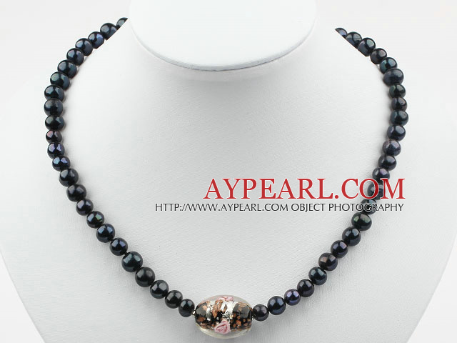 Black Freshwater Pearl and Black Colored Glaze Necklace