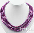 Three Strands 8-9mm Round Dark Purple Pearl Necklace with Shell Flower Clasp