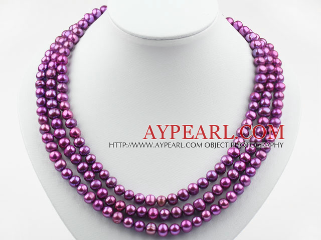 Three Strands 8-9mm Round Dark Purple Pearl Necklace with Shell Flower Clasp