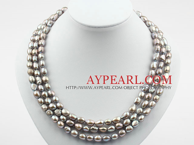 Three Strands 8-9mm Gray Baroque Pearl Necklace with Shell Flower Clasp