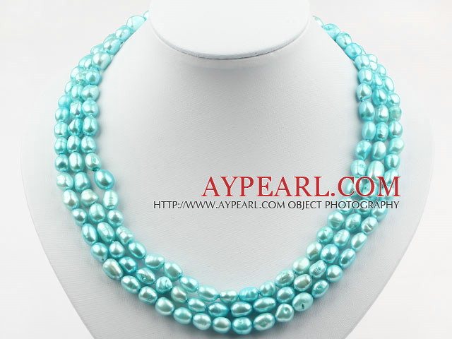 Three Strands 8-9mm Lake Blue Baroque Pearl Necklace with Shell Flower Clasp