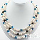 Three Strands Round White Freshwater Pearl and Blue Black Agate Necklace with Shell Flower Clasp