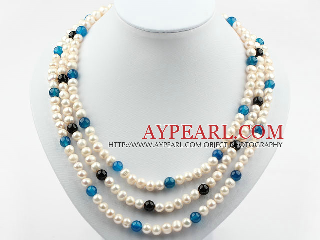 Three Strands Round White Freshwater Pearl and Blue Black Agate Necklace with Shell Flower Clasp