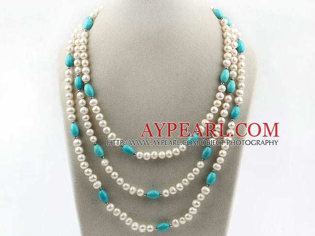 Τρία σκέλη White Pearl γλυκού νερού και Τυρκουάζ Κολιέ με Τυρκουάζ καρφίτσα