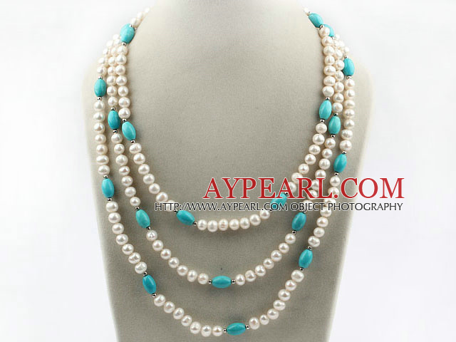 Three Strands White Freshwater Pearl and Turquoise Necklace with Turquoise Clasp