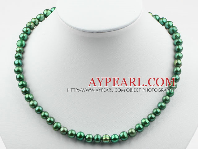 8-9mm Clasic Peacock Green Round Freshwater Pearl Beaded Necklace