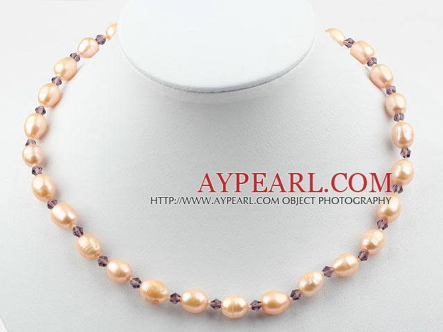 9-10 Pink Freshwater Pearl and Purple Crystal Necklace