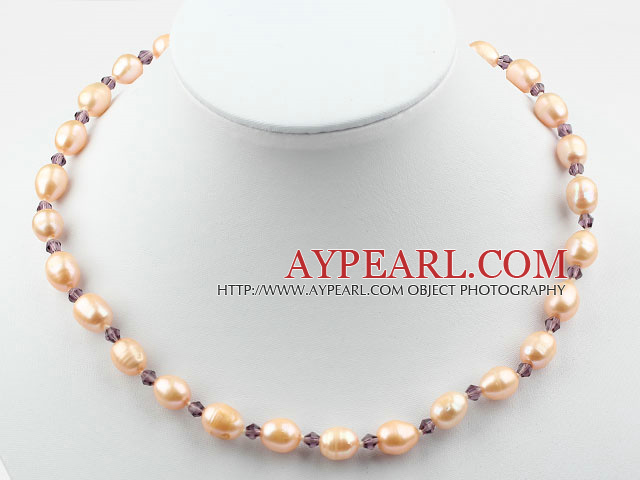 9-10 Pink Freshwater Pearl og Lilla Crystal halskjede