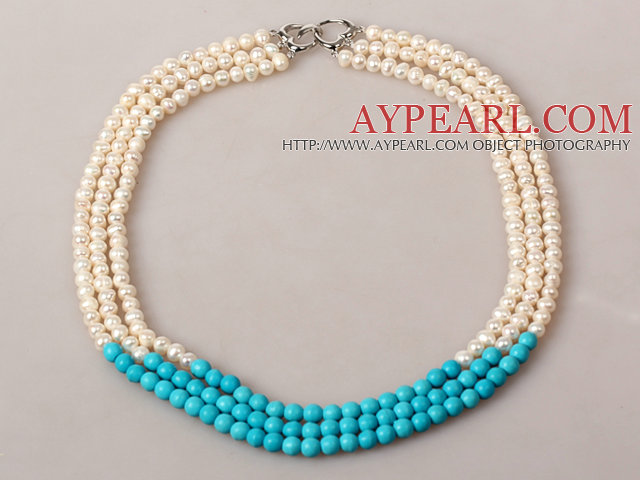 Three Strands White Pearl and Turquoise Beaded Necklace