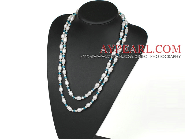 Long Style White Freshwater Pearl and Blue Crystal Necklace