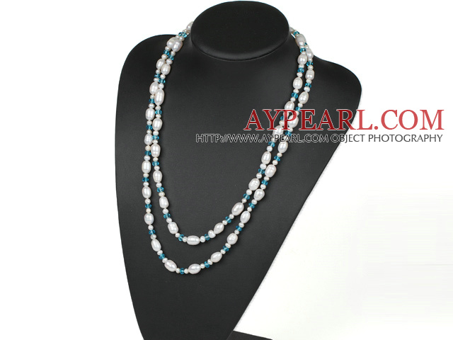 Longue Style de l'eau douce White Pearl et bleu Collier Cristal