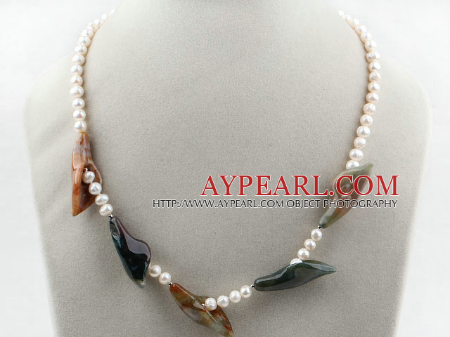 White Freshwater Pearl and Indian Agate Flower Necklace