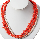 Tre Strands Red Coral och White Pearl Halsband 