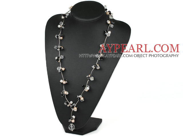 Assorted White and Pink Freshwater Pearl and Black Clear Crystal Y Shape Necklace