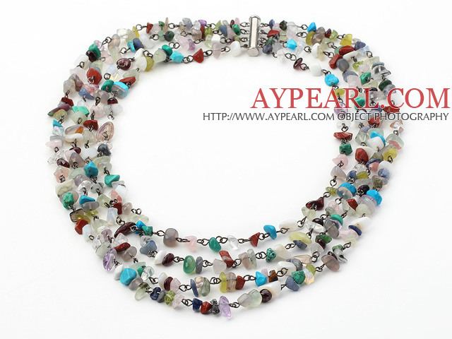 Four Strands Assorted Multi Stone Necklace with Slide Clasp