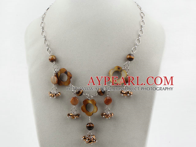 Brown Série perles d'eau douce et cristal Collier oeil de tigre avec chaîne en métal