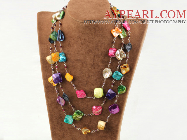 3 strand garnet and multi color shell necklace with slide clasp