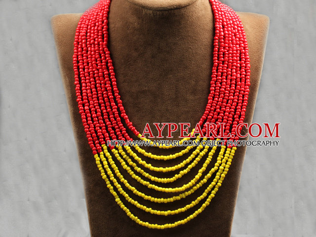 Multi brins multi couches 4-5mm Rouge et verre jaune Collier de semences