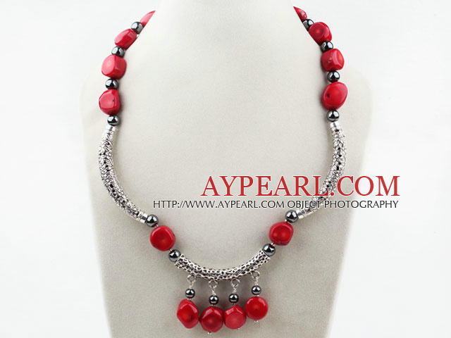 Red Coral and Carbide Stone Necklace with Tibet Silver Accesorries