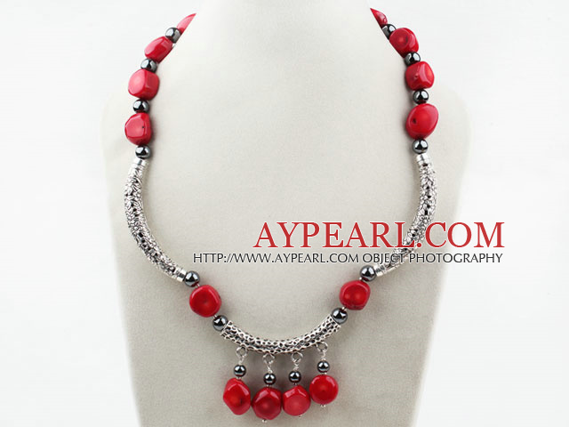 Red Coral og Carbide Stone Halskjede med Tibet Silver Accesorries