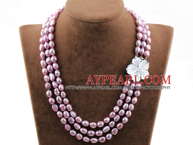 Three Strands Purple Baroque Pearl Necklace with Shell Flower Clasp
