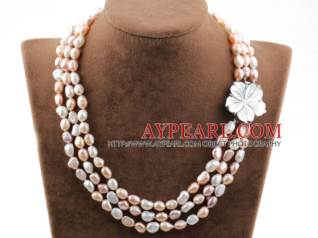 Three Strands White Pink Purple Baroque Pearl Necklace with Shell Flower Clasp