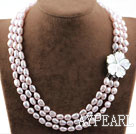 Three Strands Baby Pink Baroque Pearl Necklace with Shell Flower Clasp