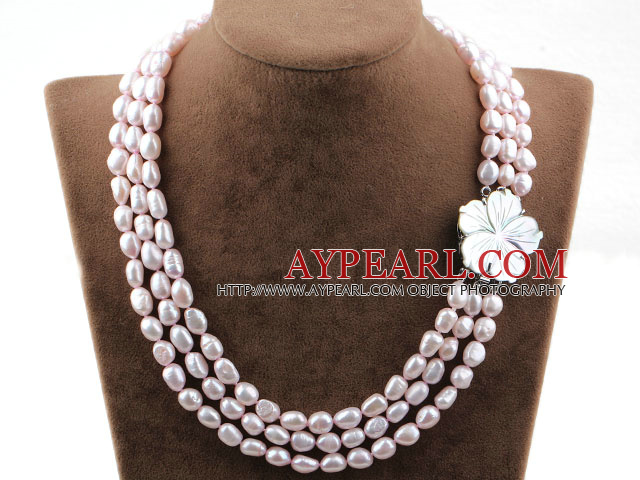 Three Strands Baby Pink Baroque Pearl Necklace with Shell Flower Clasp