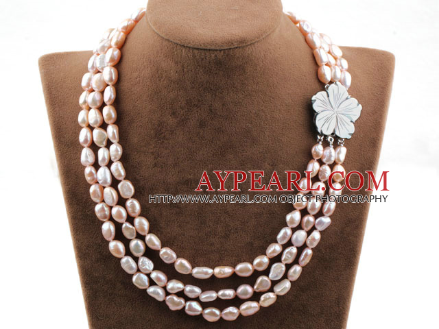 Three Strands Natural Pink Baroque Pearl Necklace with Shell Flower Clasp