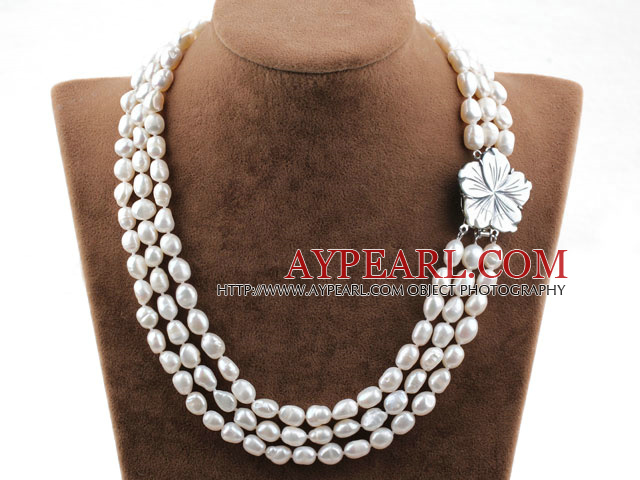 Three Strands White Baroque Pearl Necklace with Shell Flower Clasp