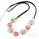 Fashion White Freshwater Pearl And Cherry Quartz Flower Caky Metal Charm Necklace With Black Cords