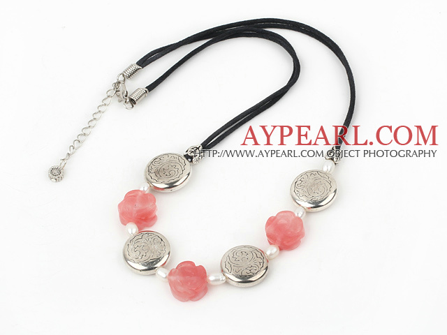 Fashion White Freshwater Pearl And Cherry Quartz Flower Caky Metal Charm Necklace With Black Cords