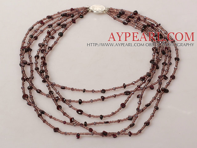 Multi Strands Crystal og Garnet Halskjede 
