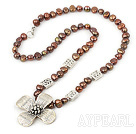 Fashion Dyed Brown Freshwater Pearl And Tibet Silver Flower Pendant Necklace