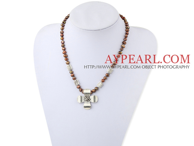 Fashion Dyed Brown Freshwater Pearl And Tibet Silver Flower Pendant Necklace