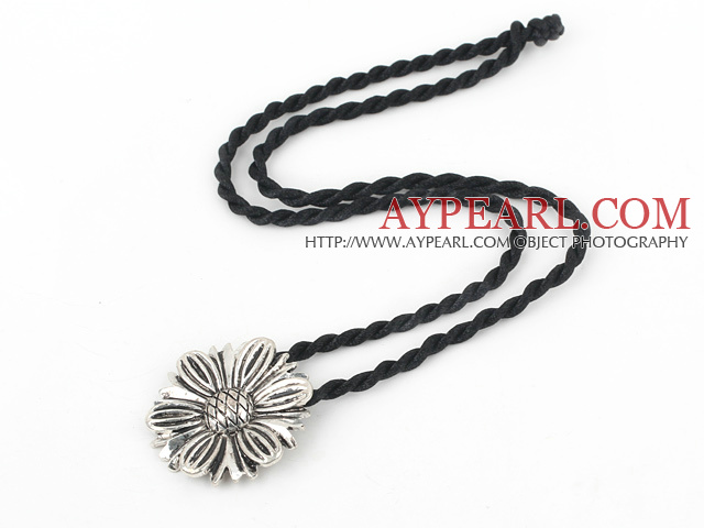 Simple Style Flower Shape Tibet Silver Pendant Necklace With Twisted Black Cord