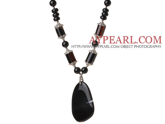 Mode Cool Design Svart Agate pärlstav halsband med Agate Pendant